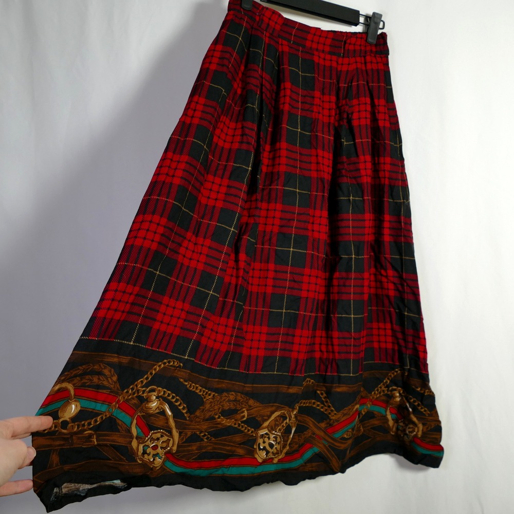 Chaus Womens Plaid Equestrian Print Pleated Midi Skirt Size 6 Preppy Old Money